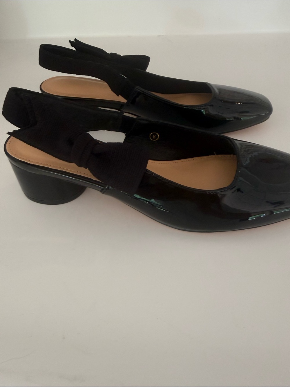 Black Patent Slingback Heels with Fabric Bow